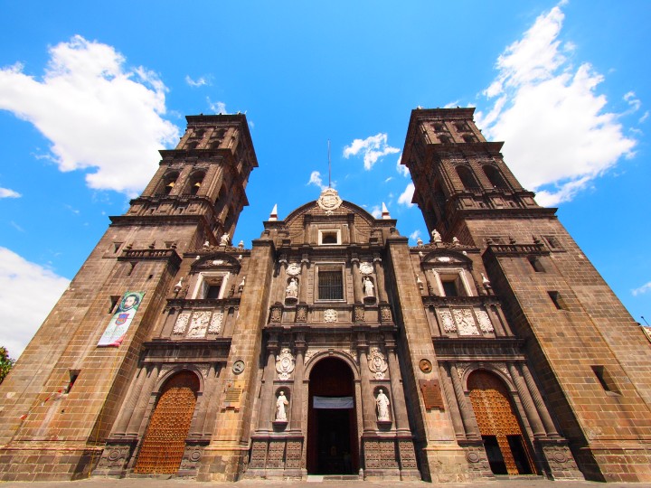 Cathedral main entrance in Puebla